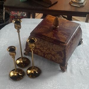 Vintage Floral Decorative Metal Box with Gold Candle Holders